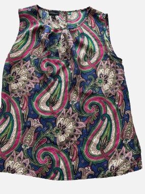 Talbots Women's Size 2 Jeweled Color Paisley Print Sleeveless Blouse 100% Silk